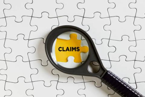 Image of a while puzzle. It has one piece in the middle that says, "Claims" and is colored yellow. There is a magnifying glass over it. 